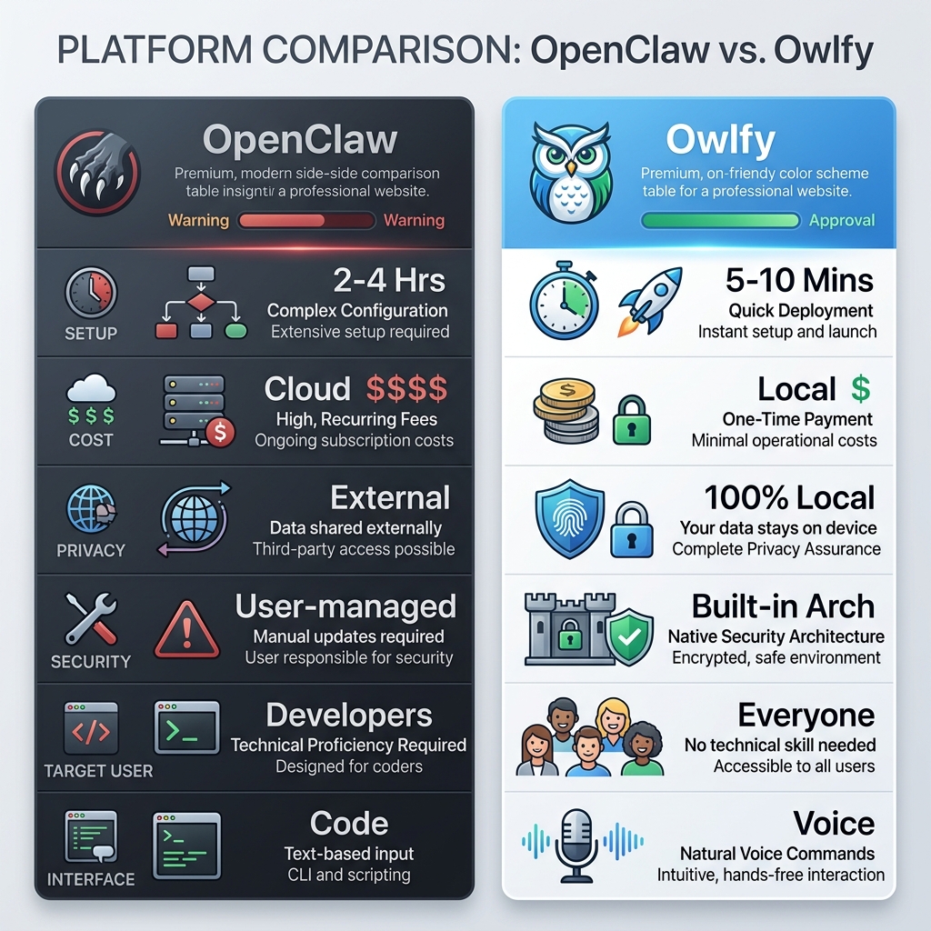 Owlfy vs OpenClaw 对比表:安装时间、成本模型、隐私、安全、语音交互